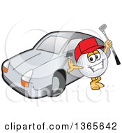 Poster, Art Print Of Golf Ball Sports Mascot Character Holding A Club By A Car