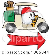 Golf Ball Sports Mascot Character Driving A Cart Over An Arrow
