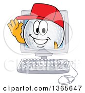 Golf Ball Sports Mascot Character Waving From A Computer Screen