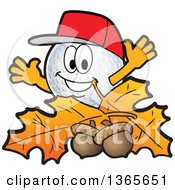 Golf Ball Sports Mascot Character With Acorns And Autumn Leaves