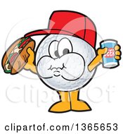 Golf Ball Sports Mascot Character Holding A Beer And Eating A Hot Dog