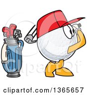 Golf Ball Sports Mascot Character Swinging By A Bag