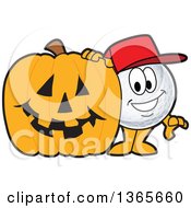 Golf Ball Sports Mascot Character With A Halloween Jackolantern Pumpkin