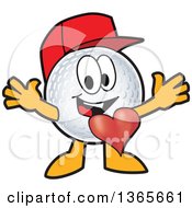 Golf Ball Sports Mascot Character Wearing A Red Hat And Welcoming With A Heart