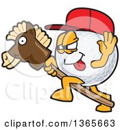 Golf Ball Sports Mascot Character Wearing A Red Hat And Playing With A Stick Pony
