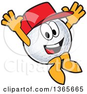 Golf Ball Sports Mascot Character Wearing A Red Hat And Jumping