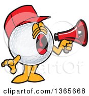 Golf Ball Sports Mascot Character Wearing A Red Hat And Using A Megaphone