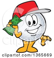 Golf Ball Sports Mascot Character Wearing A Red Hat And Holding Cash