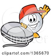 Golf Ball Sports Mascot Character Wearing A Red Hat And Waving By A Computer Mouse