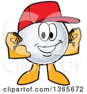 Golf Ball Sports Mascot Character Wearing A Red Hat And Flexing