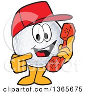 Golf Ball Sports Mascot Character Wearing A Red Hat And Holding A Telephone