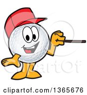 Golf Ball Sports Mascot Character Wearing A Red Hat And Using A Pointer Stick