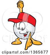 Golf Ball Sports Mascot Character Wearing A Red Hat And Pointing Down