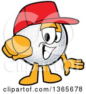 Golf Ball Sports Mascot Character Wearing A Red Hat And Pointing Outwards