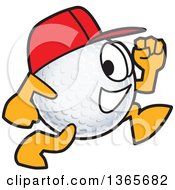 Golf Ball Sports Mascot Character Wearing A Red Hat And Running