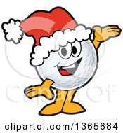 Clipart Of A Golf Ball Sports Mascot Character Wearing A Christmas Santa Hat And Presenting Royalty Free Vector Illustration by Mascot Junction