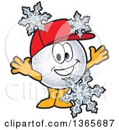 Golf Ball Sports Mascot Character Wearing A Red Hat And Cheering In The Snow