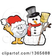 Golf Ball Sports Mascot Character Waving By A Christmas Snowman