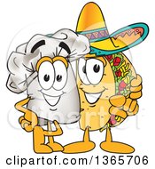 Clipart Of A Toque Chefs Hat Mascot Character Posing With A Pointing Taco Character Royalty Free Vector Illustration