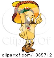 Clipart Of A Happy Burrito Character Mascot Wearing A Sombrero And Boots Holding Up A Finger Royalty Free Vector Illustration