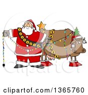 Poster, Art Print Of Cartoon Festive Christmas Santa Claus Decorating A Cow