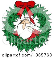 Cartoon Stoned Christmas Santa Claus Smoking A Joint Inside A Marijuana Pot Leaf Weed Christmas Wreath With A Red Bow