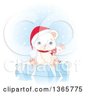 Poster, Art Print Of Cute Baby Polar Bear Cub Wearing A Christmas Santa Hat And Waving On Ice