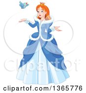 Poster, Art Print Of Red Haired Blue Eyed Caucasian Princess In A Winter Dress Talking To A Bird