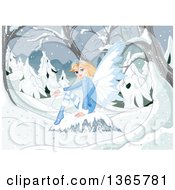 Beautiful Blond White Female Fairy Sitting On A Boulder In A Snowy Winter Forest
