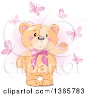 Poster, Art Print Of Cute Teddy Bear Wearing A Bowtie And Presenting Surrounded By Butterflies Over Pink