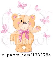 Poster, Art Print Of Cute Teddy Bear Wearing A Bowtie And Presenting Surrounded By Pink Butterflies