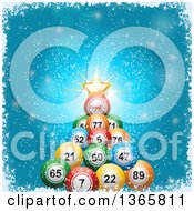 3d Bingo Or Lottery Ball Christmas Tree With A Star And Greeting Over Blue With Snow And A Grungy White Border