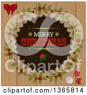 Poster, Art Print Of Retro Merry Christmas Greeting With Holly In A Wreath Over Wood
