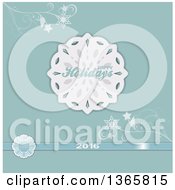 Clipart Of A Retro Happy Holidays 2016 Greeting With A Paper Snowflake Ribbon And Flourishes On Pastel Blue Royalty Free Vector Illustration