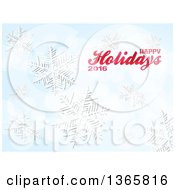 Clipart Of A Happy Holidays 2016 Greeting Over Blue With Flares And Falling Snowflakes Royalty Free Vector Illustration by elaineitalia