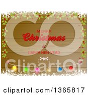 Poster, Art Print Of Merry Christmas And Happy New Year Greeting On Wood With Snow Holly And Light Borders