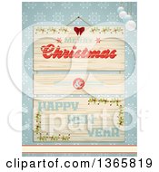 Clipart Of A Merry Christmas And Happy New Year Greeting On Wood With Holly Over Blue Snowflakes Royalty Free Vector Illustration by elaineitalia