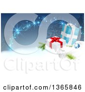 Poster, Art Print Of Christmas Background With 3d Baubles And Gift Boxes In The Snow Over Blue With Trees And Magic