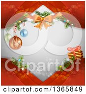 Poster, Art Print Of Christmas Background Of A Bow Baubles And A Gift On Red Waves Over Gray With Flares