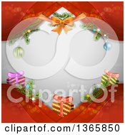 Poster, Art Print Of Christmas Background Of A Bow Baubles And Gifts On Red Waves Over Gray With Flares