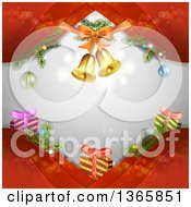 Poster, Art Print Of Christmas Background Of Bells And Gifts On Red Waves Over Gray With Flares