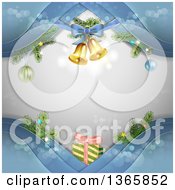 Poster, Art Print Of Christmas Background Of Bells And Gifts On Blue Waves Over Gray With Flares