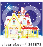 Clipart Of Santa Claus On A Roof Top Dropping A Gift Down A Chimney On A Snowy Christmas Eve Night Royalty Free Vector Illustration by Alex Bannykh