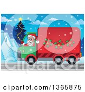Cartoon Santa Claus Driving A Delivery Truck On Christmas Eve