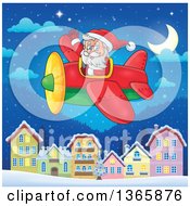 Poster, Art Print Of Christmas Santa Claus Flying A Plane Over A Village At Night