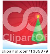 Clipart Of A Christmas Or Winter Background With A Tree On Snowy Hills Over Red Rays Royalty Free Vector Illustration