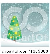 Clipart Of A Christmas Or Winter Background With A Tree On Snowy Hills Royalty Free Vector Illustration