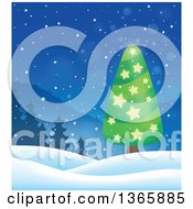 Poster, Art Print Of Christmas Or Winter Background With A Tree On Snowy Hills