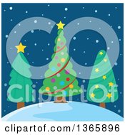 Clipart Of Three Christmas Trees On A Hill In The Snow Over Blue Royalty Free Vector Illustration