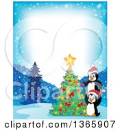 Poster, Art Print Of Border Of Cute Christmas Penguins Decorating A Tree